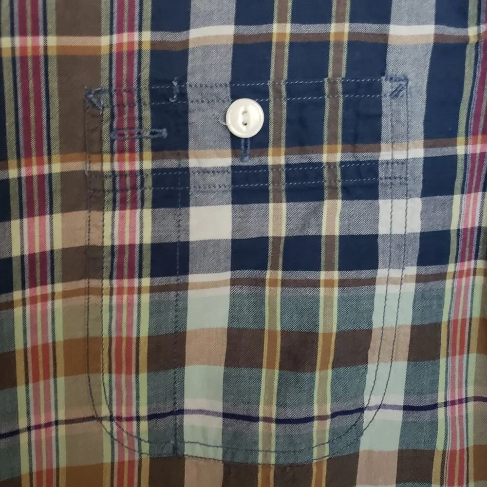 Polo by Ralph Lauren Mens Large Blue Plaid Button‎ Up Shirt Top Stitch Detail LS